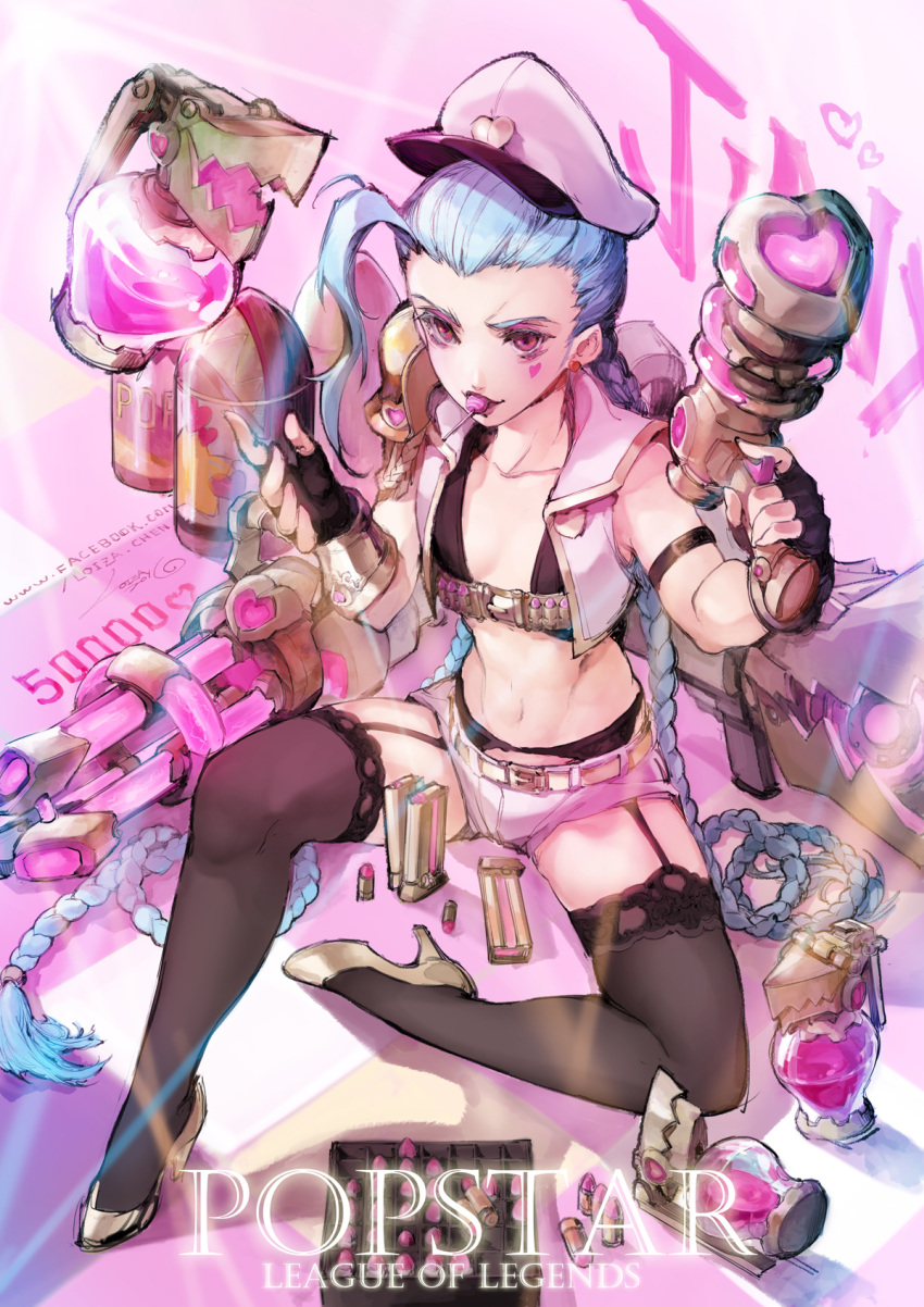 1girl, blue_hair, braid, bullet, candy, fingerless_gloves, garter_straps, gloves