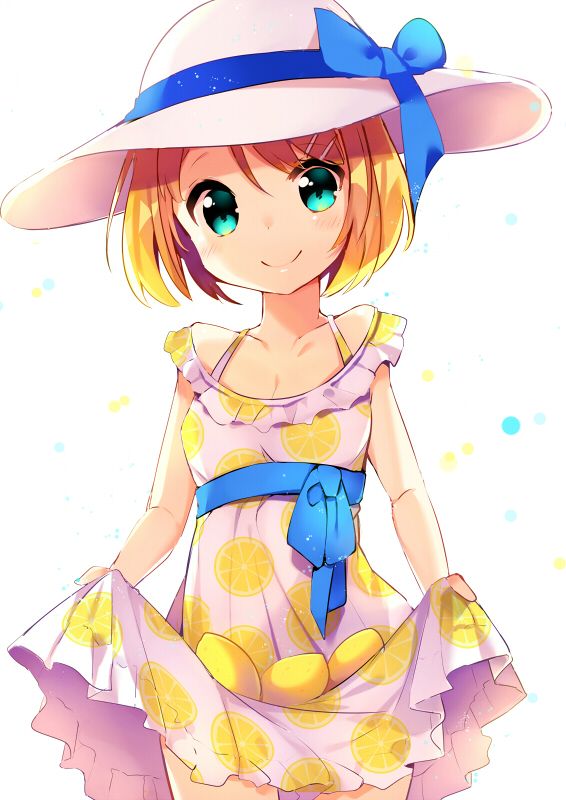 1girl, bare_shoulders, blonde_hair, blue_bow, blue_eyes, blush, bow, breasts