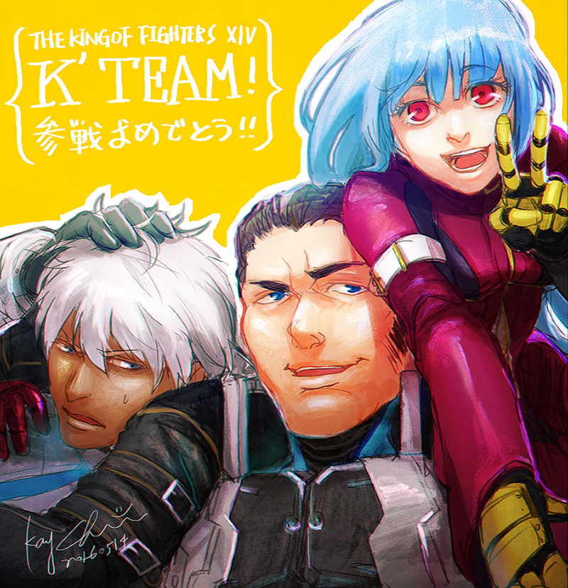 1girl, 2boys, blue_eyes, blue_hair, brown_hair, cropped_jacket, cyborg, dark_skin