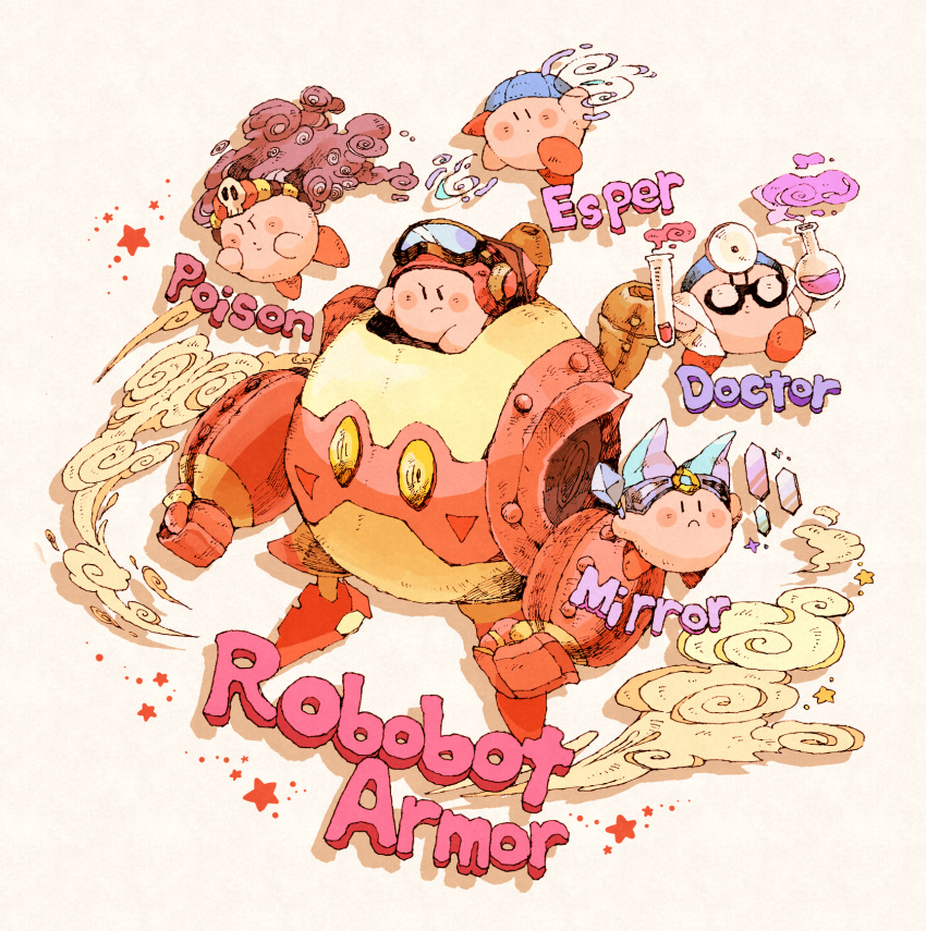 1other, aviator_cap, baseball_cap, blue_hat, copy_ability, crystal, doctor, english, flask, frown, glasses, goggles, goggles_on_hat, hal_laboratory_inc., hat, head_mirror, highres, hoshi_no_kirby, kirby, kirby:_planet_robobot, kirby_(series), labcoat, mecha, multiple_persona, nintendo, no_humans, potion, smoke, test_tube, vial