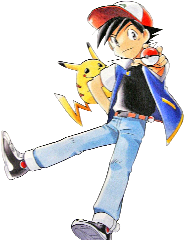 1boy, baseball_cap, belt, black_hair, hat, mato_(illustrator), official_art, pikachu, poke_ball, pokemon, pokemon_(anime), satoshi_(pokemon)_(classic)