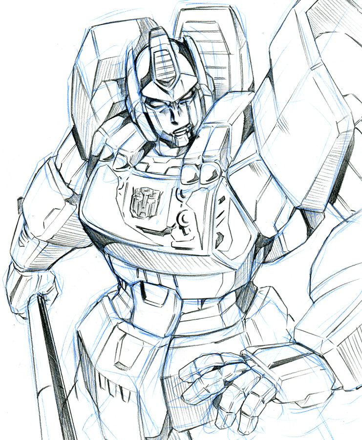 1boy, autobot, grin, holding, holding_weapon, kamizono_(spookyhouse), machine, machinery, male, mecha, monochrome, no_humans, optimus_prime, orion_pax, robot, science_fiction, smile, solo, transformers, weapon
