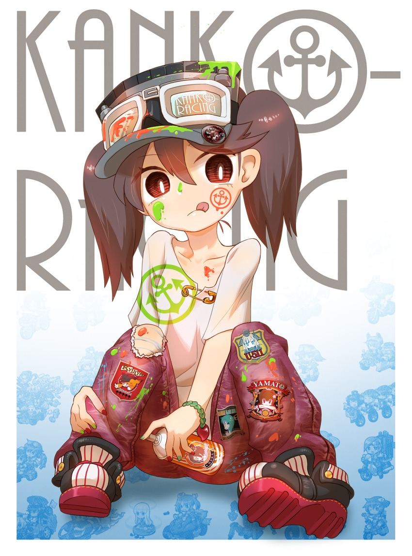 1girl, :q, aerosol, bracelet, brown_eyes, brown_hair, casual, chaki_(teasets)