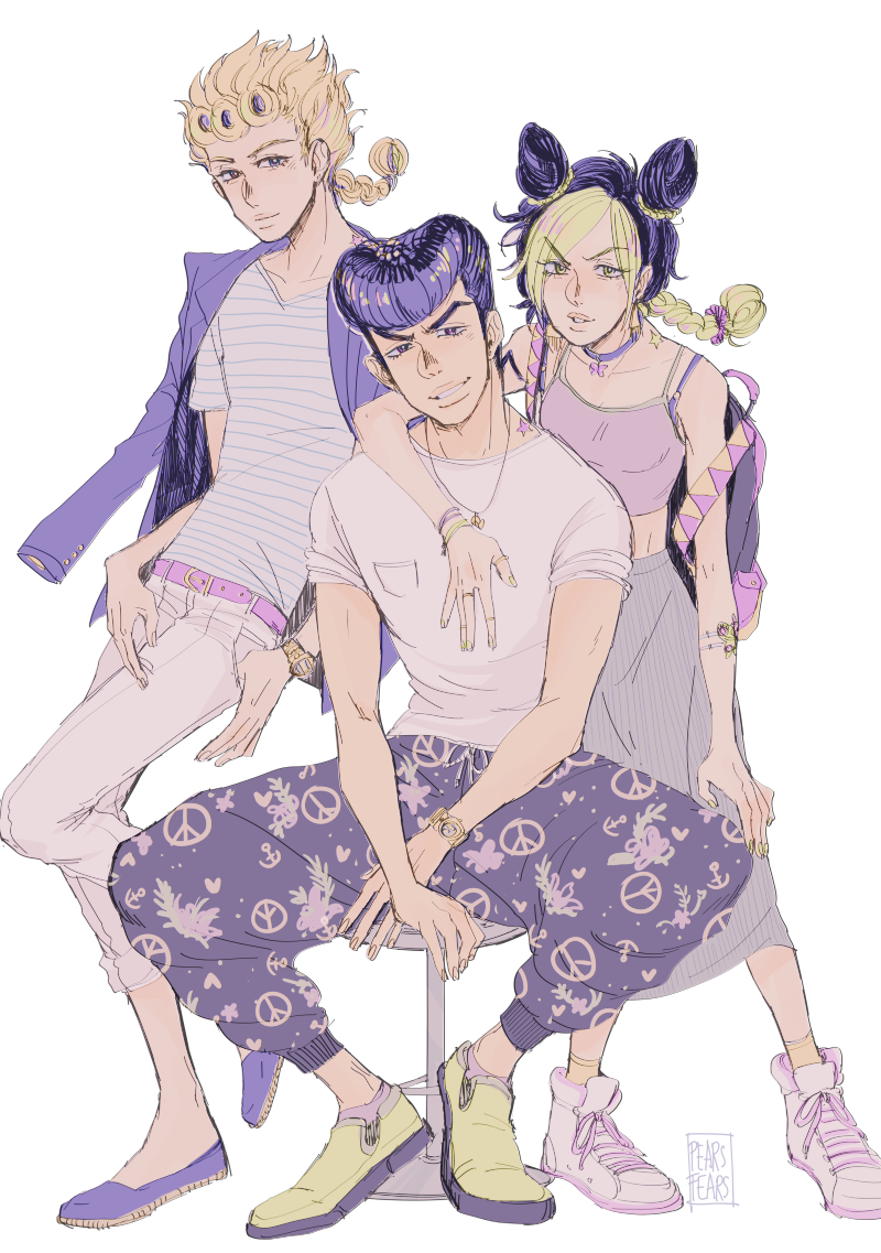 arm_around_neck, artist_name, backpack, bag, birthmark, blonde_hair, bracelet, braid, chair, crop_top, double_bun, earrings, giorno_giovanna, green_eyes, green_hair, green_nails, higashikata_jousuke, jacket_on_shoulders, jewelry, joestar_birthmark, jojo_no_kimyou_na_bouken, kuujou_jolyne, multicolored_hair, nail_polish, necklace, pearsfears, pompadour, pose, purple_hair, ring, scrunchie, shirt, shoes, signature, single_braid, sitting, skirt, smile, sneakers, striped, striped_shirt, tank_top, tattoo, thumb_in_pocket, two-tone_hair, violet_eyes, watch, watch