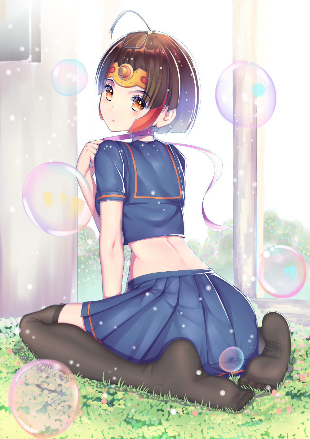 1girl, ahoge, between_legs, black_legwear, blue_shirt, blue_skirt, blush, brown_hair