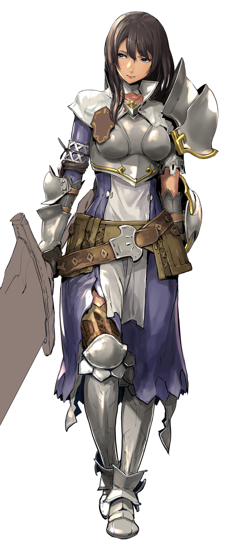 1girl, absurdres, alexia_(world_end_eclipse), armor, black_hair, blue_eyes, enami_katsumi, hair_between_eyes, highres, long_hair, solo, sword, weapon, world_end_eclipse