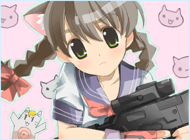 animal_ears, assault_rifle, braid, brown_hair, cat, cat_ears, green_eyes, gun, haneyoru, head_tilt, long_hair, paperman, rifle, school_uniform, serafuku, solo, twin_braids, uya_(munyu), weapon