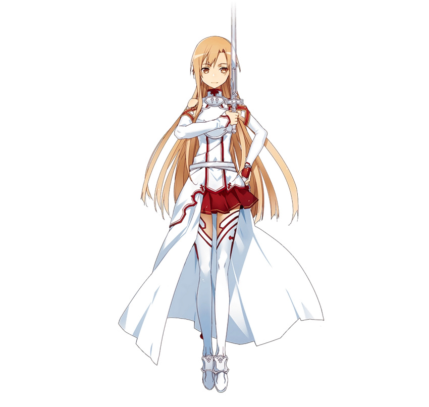 1girl, a-1_pictures, ascii_media_works, asuna_(sao), bandai_namco, boots, brown_eyes, brown_hair