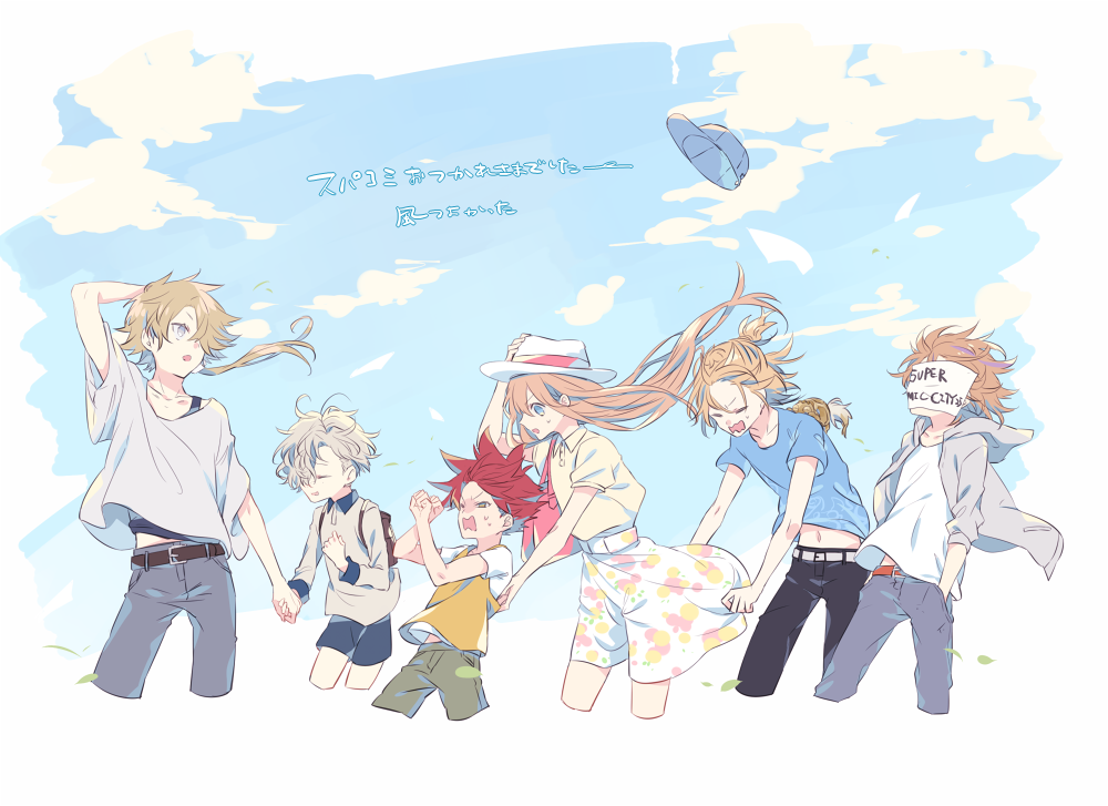 6+boys, aizen_kunitoshi, backpack, bag, baseball_cap, blonde_hair, blue_eyes, brown_hair
