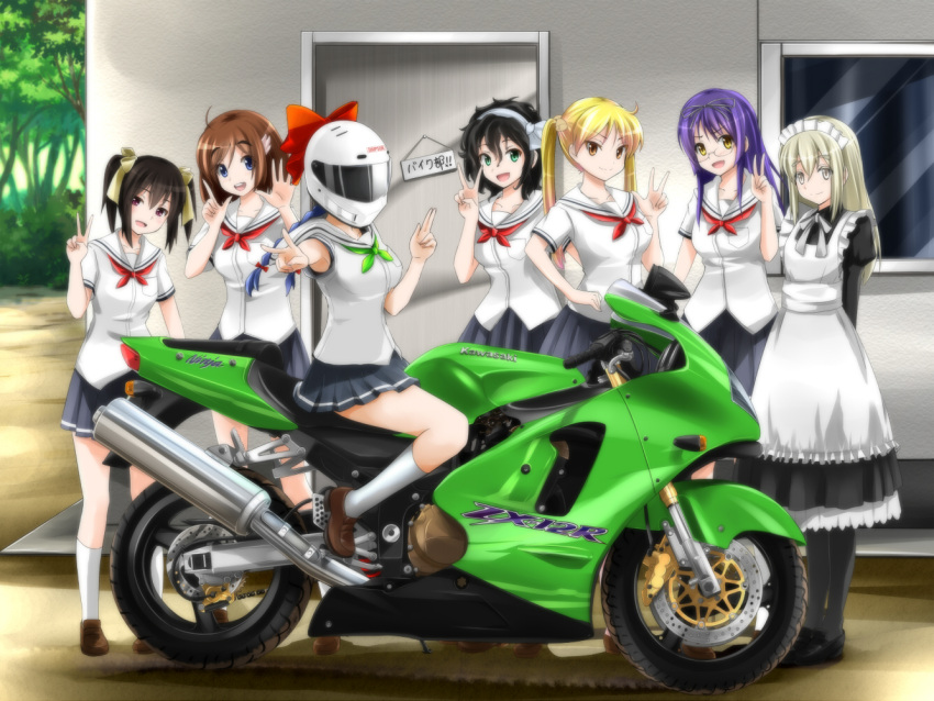 amano_onsa, bakuon!!, helmet, kawasaki_raimu, minowa_hijiri, motor_vehicle, motorcycle, sakura_hane, school_uniform, suzuki-shi, suzunoki_rin, twintails, v, vehicle