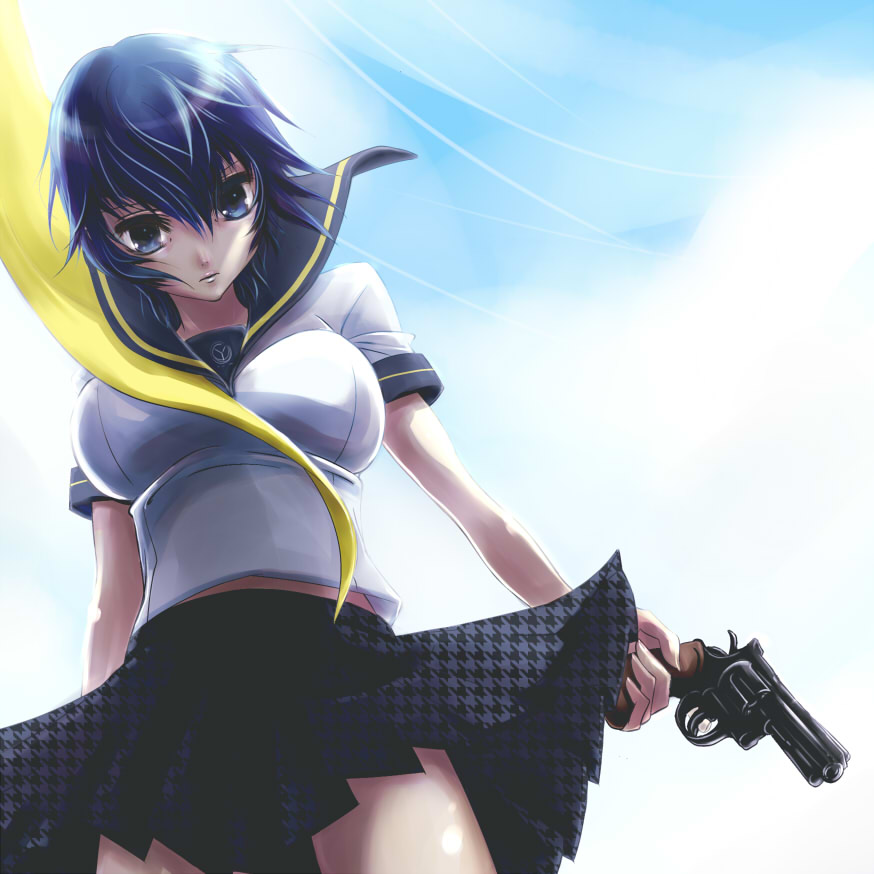 blue_hair, dutch_angle, from_below, gun, handgun, houndstooth, persona, persona_4