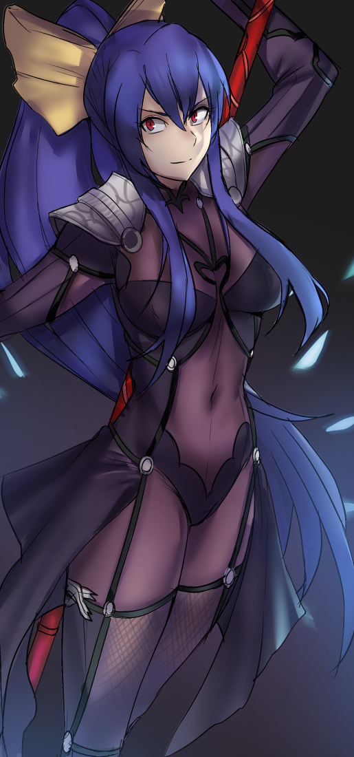 >:), 1girl, antenna_hair, arm_up, armor, blazblue, blazblue_variable_heart, blue_hair