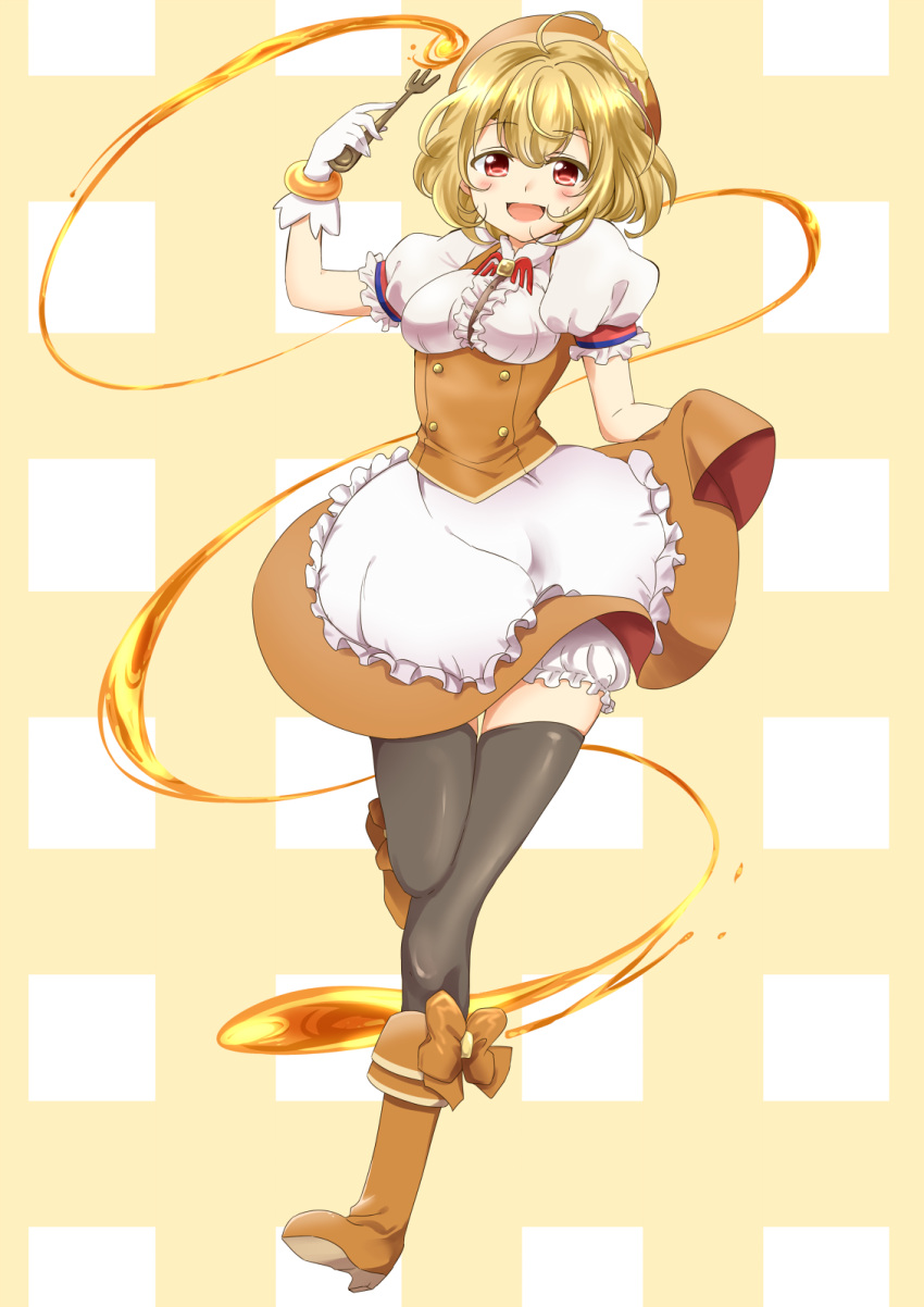 1girl, :d, apron, black_legwear, blonde_hair, bloomers, boots, bow