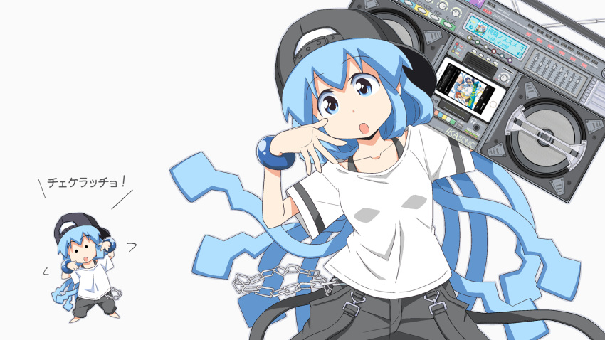 2girls, :o, alternate_costume, blue_eyes, blue_hair, casual, chain, enoya-eno