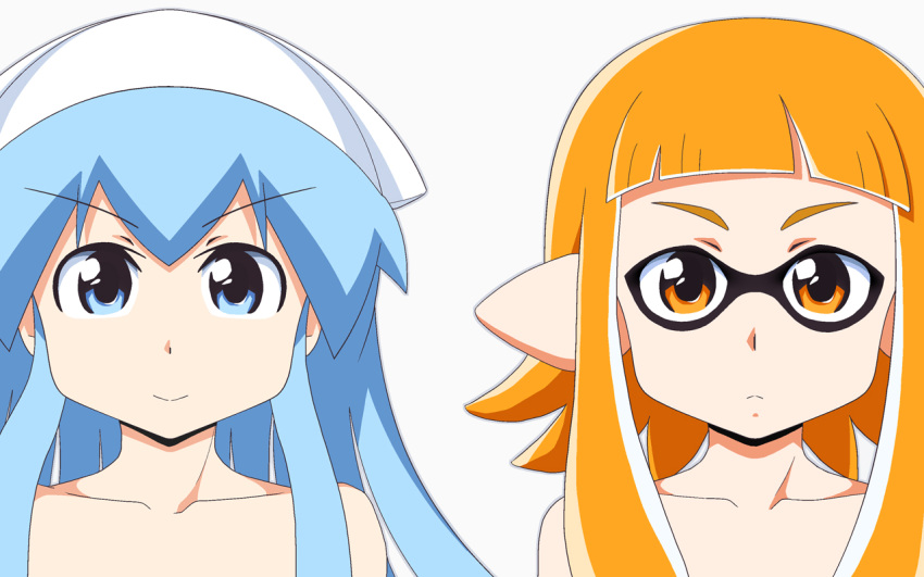 2girls, blue_hair, collarbone, crossover, enoya-eno, eyebrows, hat, ikamusume, inkling, long_hair, looking_at_viewer, multiple_girls, orange_eyes, orange_hair, pointy_ears, shinryaku!_ikamusume, simple_background, smile, splatoon, upper_body