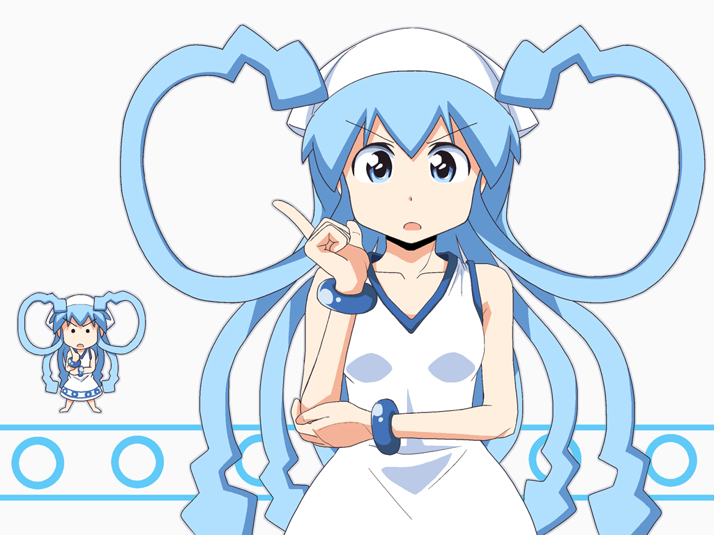 2girls, blue_eyes, blue_hair, collarbone, dress, enoya-eno, hat, ikamusume