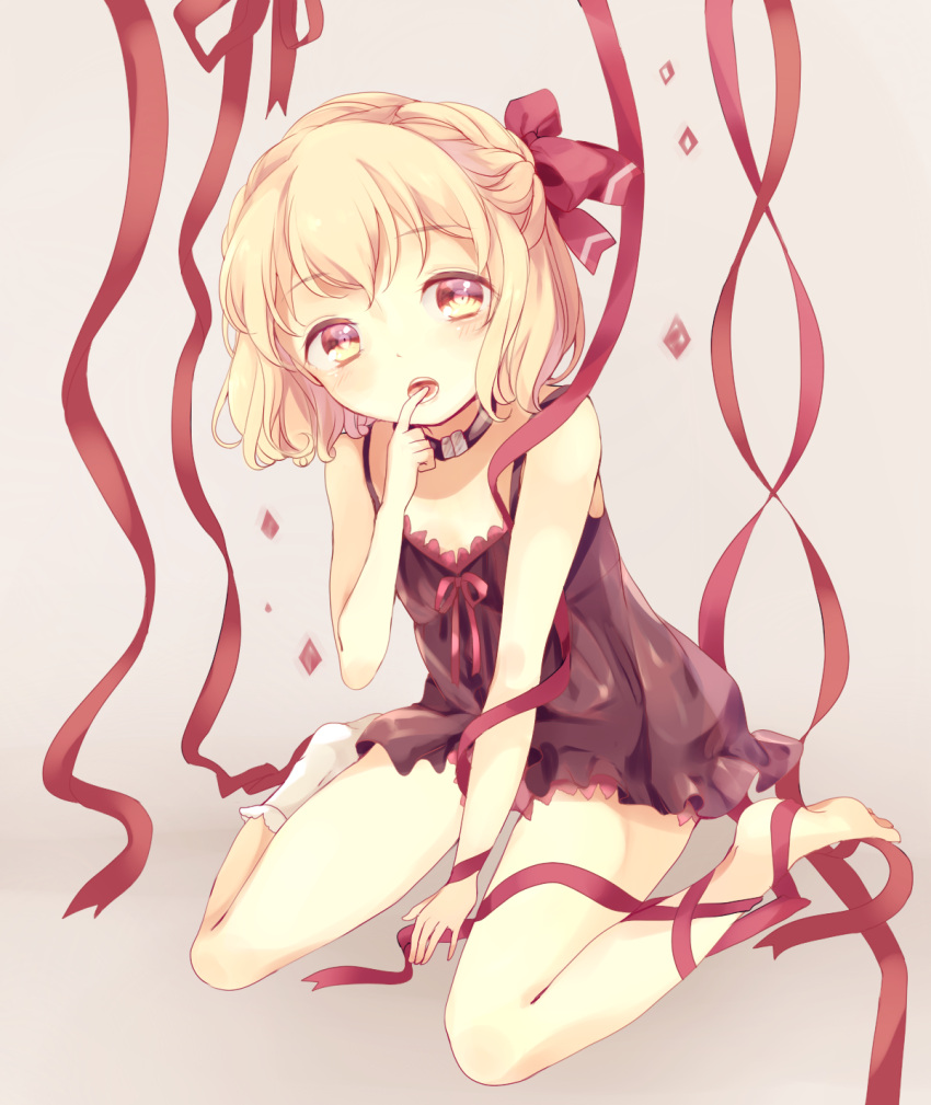 1girl, blonde_hair, blush, camisole, finger_in_mouth, full_body, hair_ribbon, highres