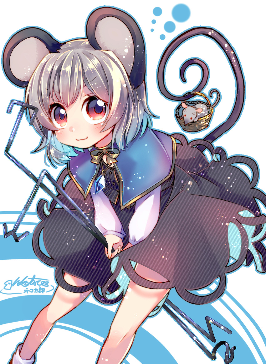 1girl, animal_ears, basket, bent_over, blush, capelet, dowsing_rod, grey_hair
