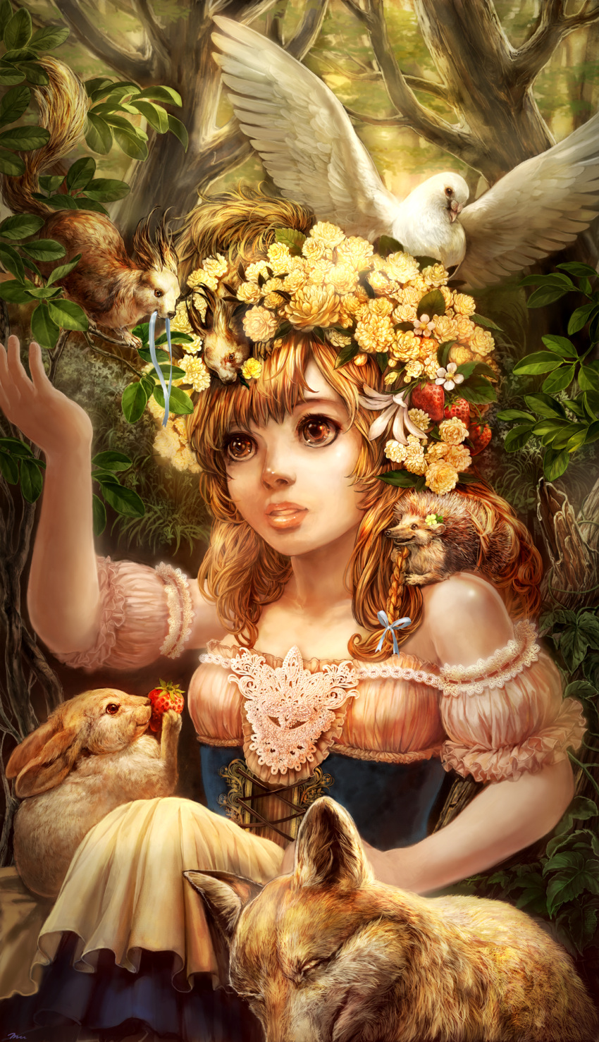 bird, blonde_hair, braid, brown_eyes, bunny, detached_sleeves, dress, face