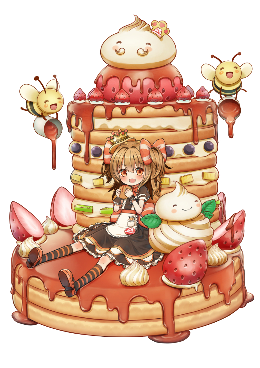1girl, apron, bee, blueberry, bow, brown_hair, brown_skirt, cream
