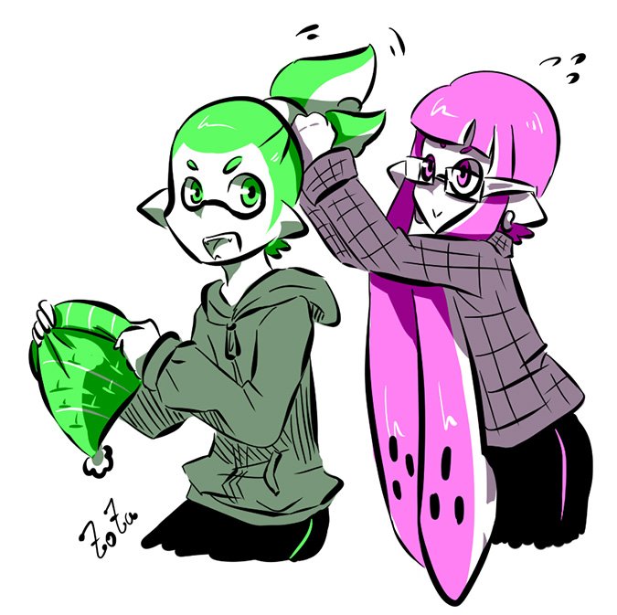 1boy, 1girl, adjusting_hair, artist_name, beanie, crazy_(zoza), domino_mask, earrings, fangs, genderswap, genderswap_(ftm), genderswap_(mtf), glasses, green_hair, hat, hood, hoodie, jewelry, long_hair, long_sleeves, looking_at_another, looking_back, mask, open_mouth, partially_colored, pointy_ears, purple_hair, sane_(zoza), shirt, short_hair, shorts, siblings, signature, single_vertical_stripe, smile, splatoon, standing, tentacle_hair, topknot, zoza