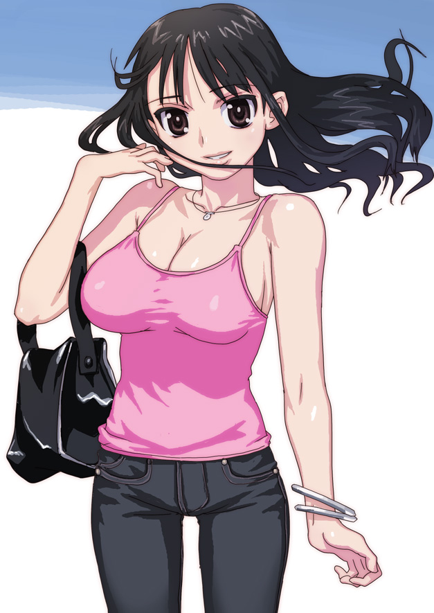 breasts, brown_eyes, cleavage, hirose_(mokiki), jeans, jewelry, long_hair