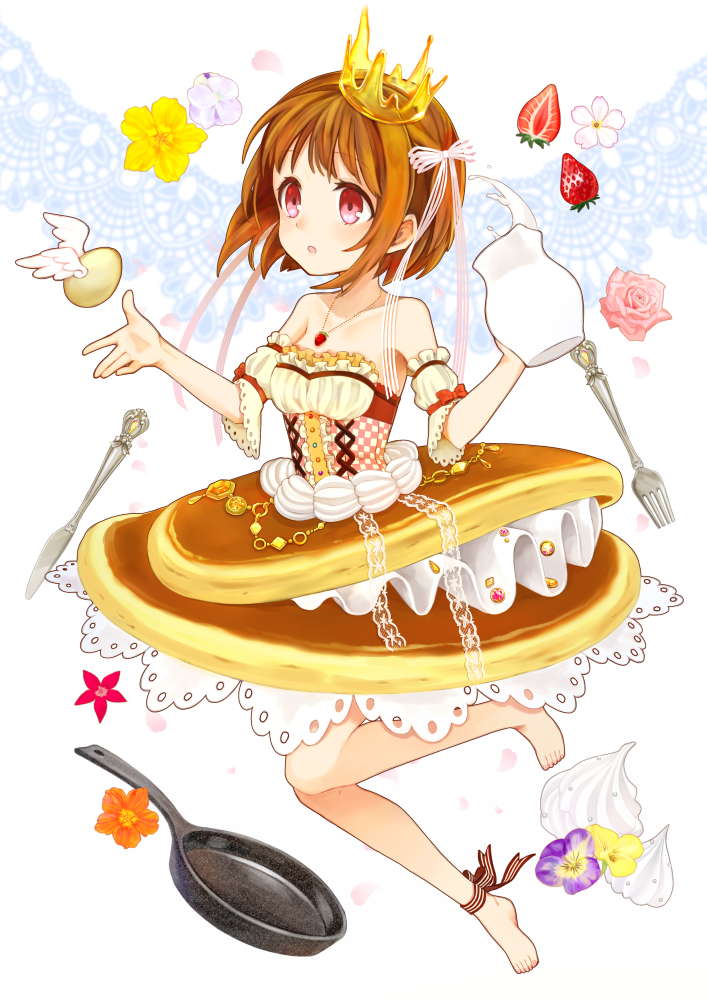 1girl, ankle_ribbon, barefoot, bow, brown_hair, brown_skirt, cherry_blossoms, crown, detached_sleeves, dress, egg, flower, food, food_as_clothes, food_themed_clothes, fork, frills, fruit, frying_pan, full_body, hair_bow, jewelry, knife, layered_skirt, looking_away, milk, morinaga_(brand), necklace, original, pancake, personification, pink_rose, red_eyes, rose, short_hair, shuu@maihikuboshuchu, skirt, solo, strapless, strapless_dress, strawberry, striped, striped_bow, whipped_cream, wings
