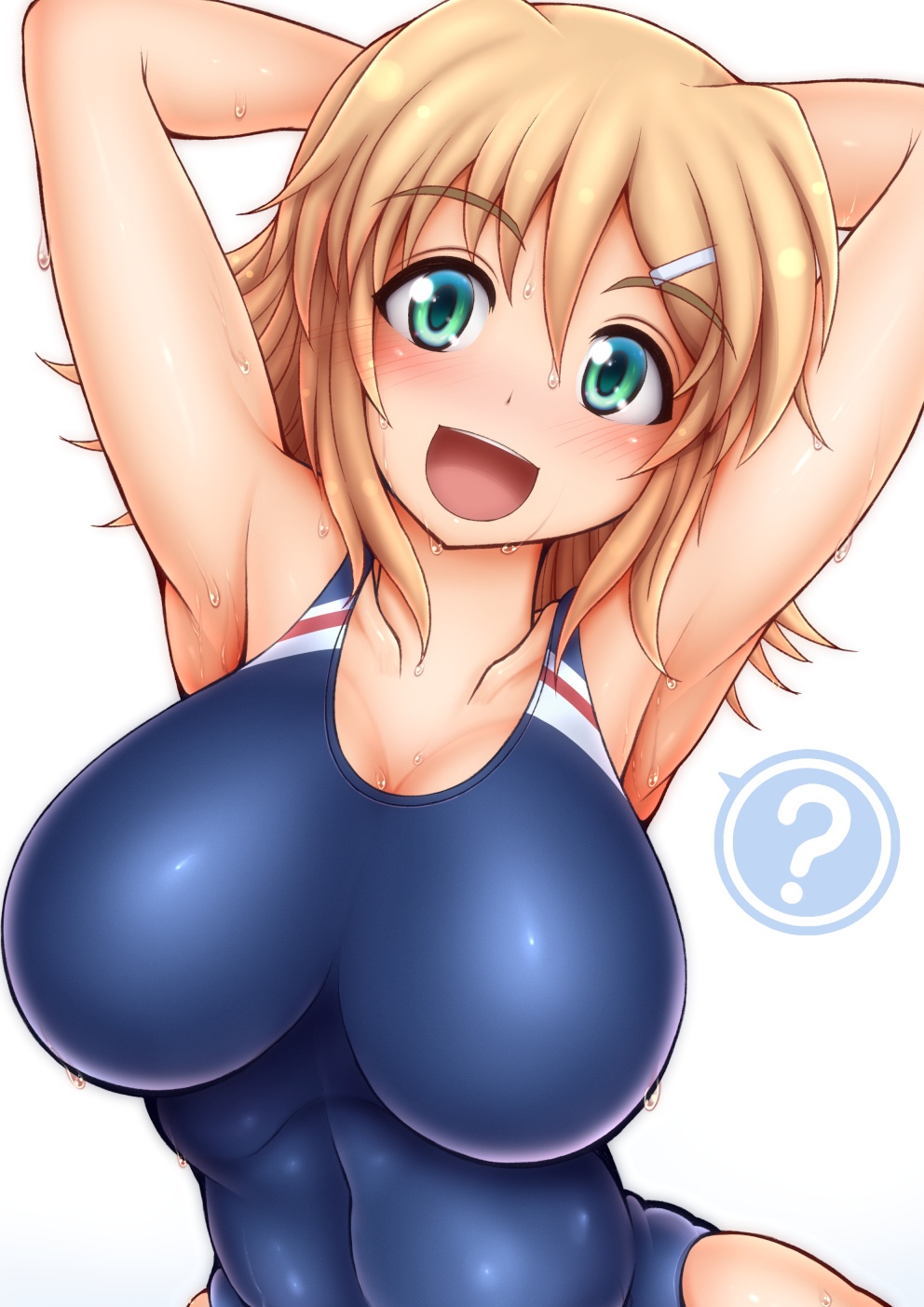1girl, :d, ?, armpits, arms_behind_head, arms_up, bare_shoulders, blue_swimsuit