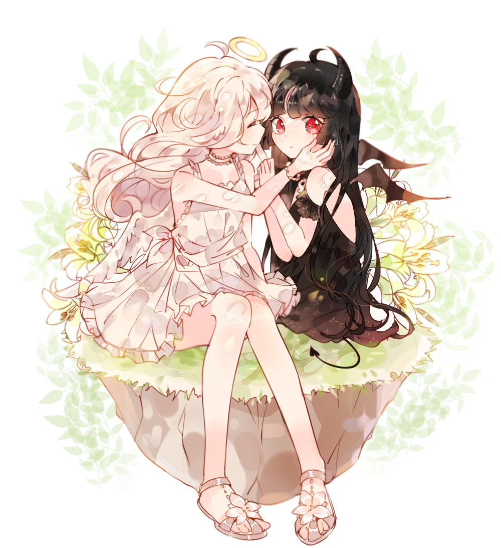 ^_^, angel, angel_and_devil, angel_wings, bare_shoulders, bat_wings, black_hair, closed_eyes, demon_girl, dress, flower, halo, horns, jikgu, legs, long_hair, original, red_eyes, sandals, sitting, smile, tagme, white_hair, wings
