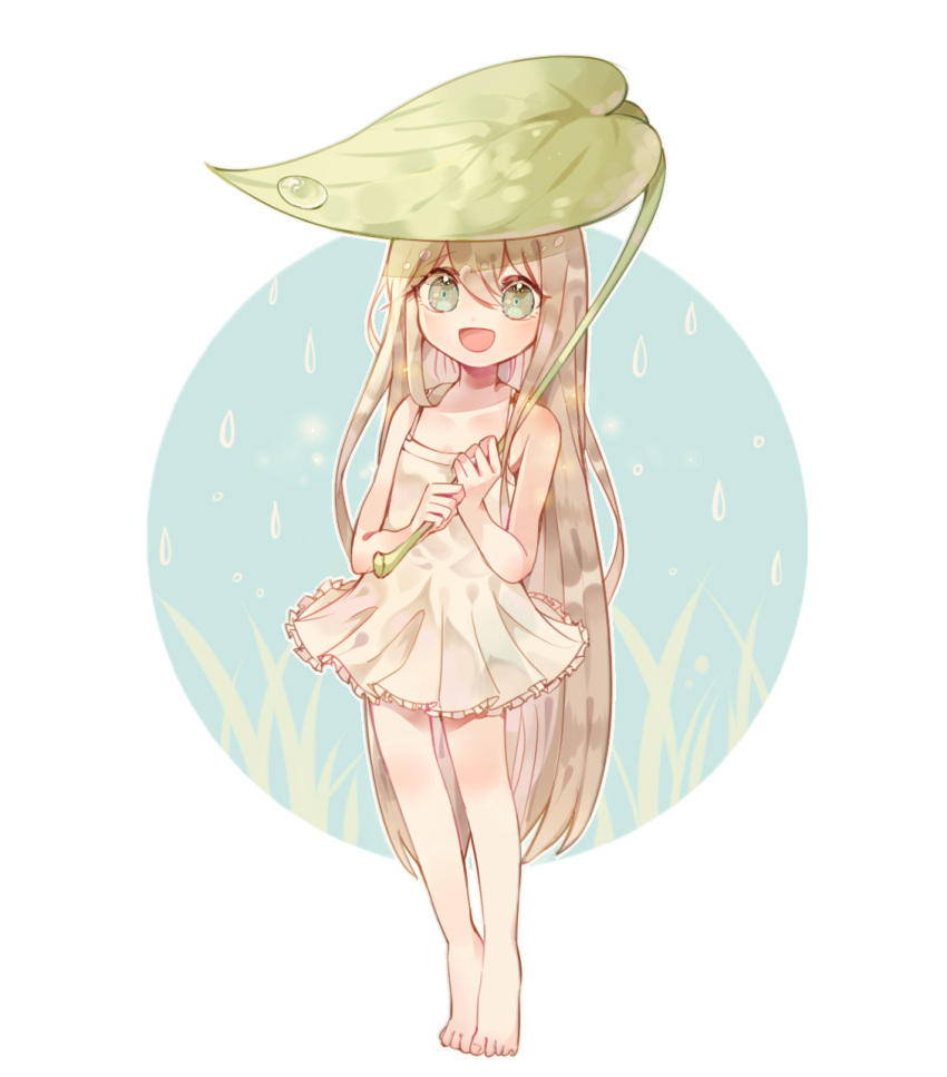 1girl, :d, bare_shoulders, barefoot, brown_hair, dew_drop, dress, green_eyes