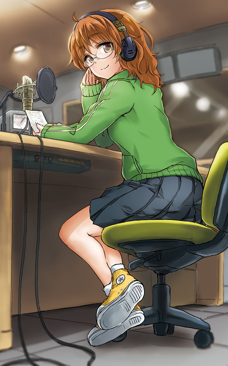 1girl, araki_hina, blush, brown_eyes, brown_hair, converse, glasses, headphones