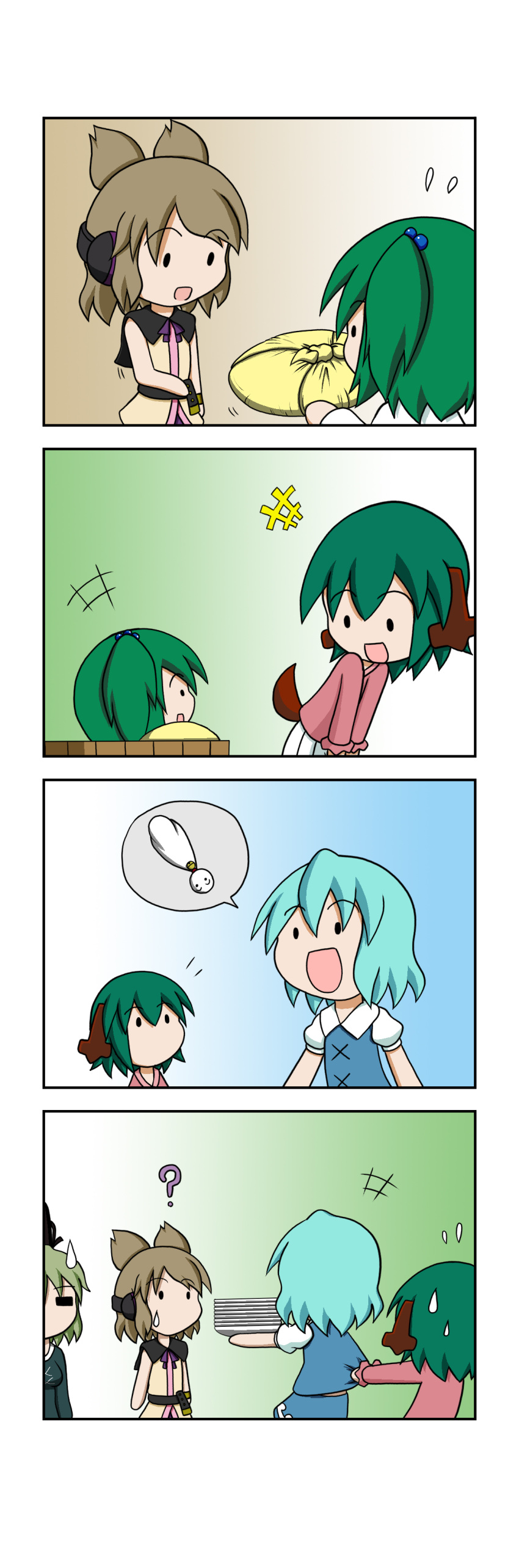 +++, 4koma, 5girls, ?, absurdres, animal_ears, blonde_hair, blue_hair