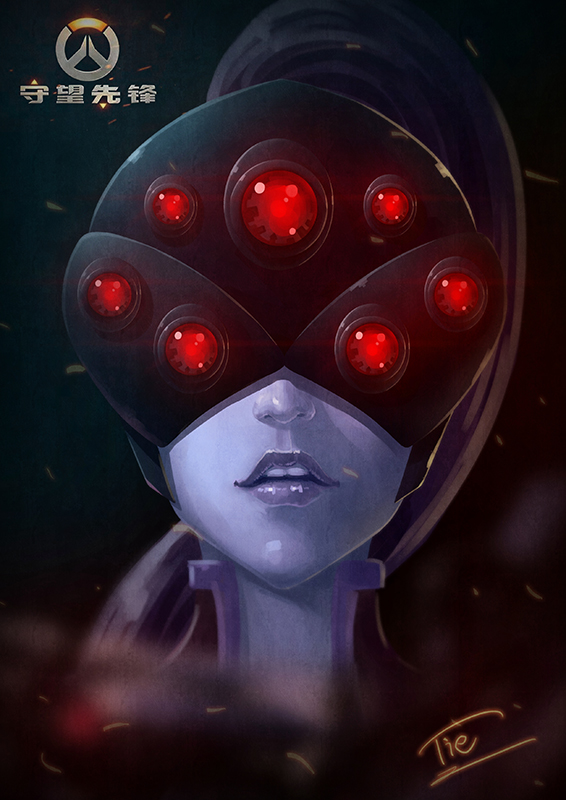 1girl, black_hair, head, lipstick, looking_at_viewer, makeup, mask, overwatch