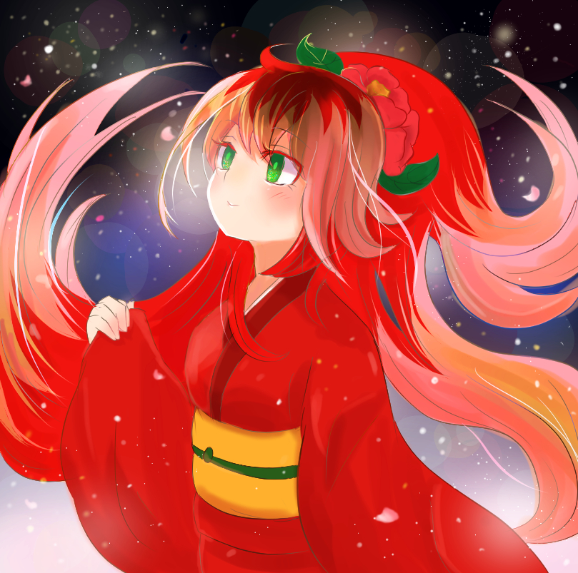 1girl, blush, female, flower, green_eyes, hair_flower, hair_ornament, japanese_clothes