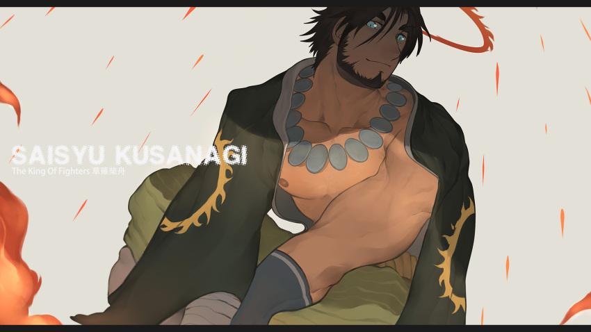 1boy, bandages, beard, blue_eyes, brown_hair, facial_hair, fire, gloves