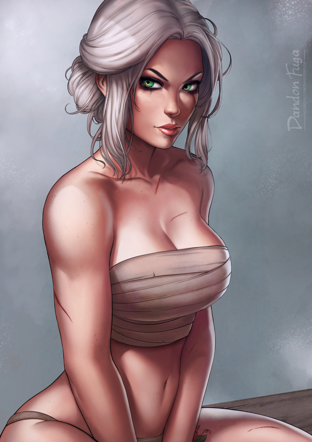 artist_name, bandages, bare_arms, bare_shoulders, breasts, brown_panties, ciri, closed_mouth