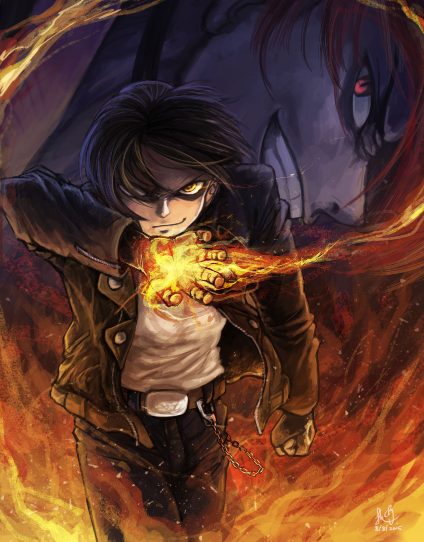 2boys, brown_eyes, brown_hair, choker, cporing, fingerless_gloves, fire, gloves