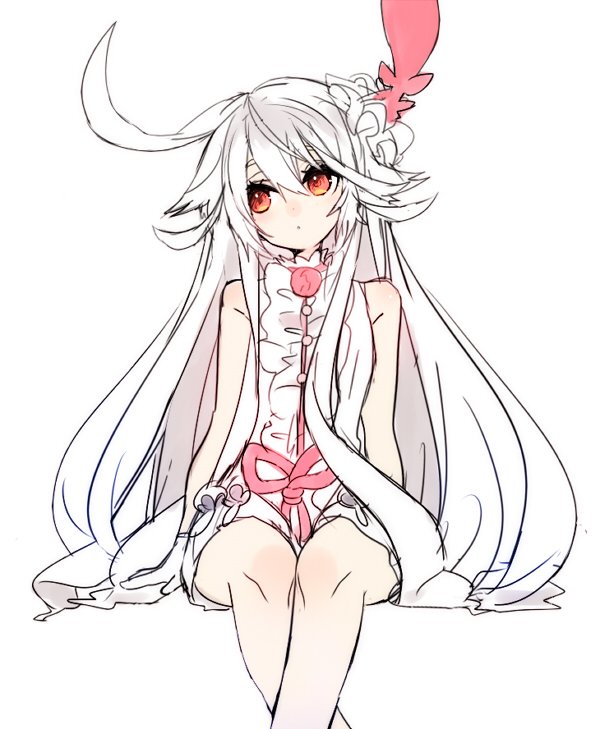 1girl, bare_shoulders, blush, choko_(last_period), crossed_legs, dress, gloves, hair_ornament, imoko_(imo_ss), last_period, long_hair, looking_away, nose_blush, orange_eyes, partially_colored, simple_background, sketch, sleeveless, sleeveless_dress, solo, very_long_hair, white_background