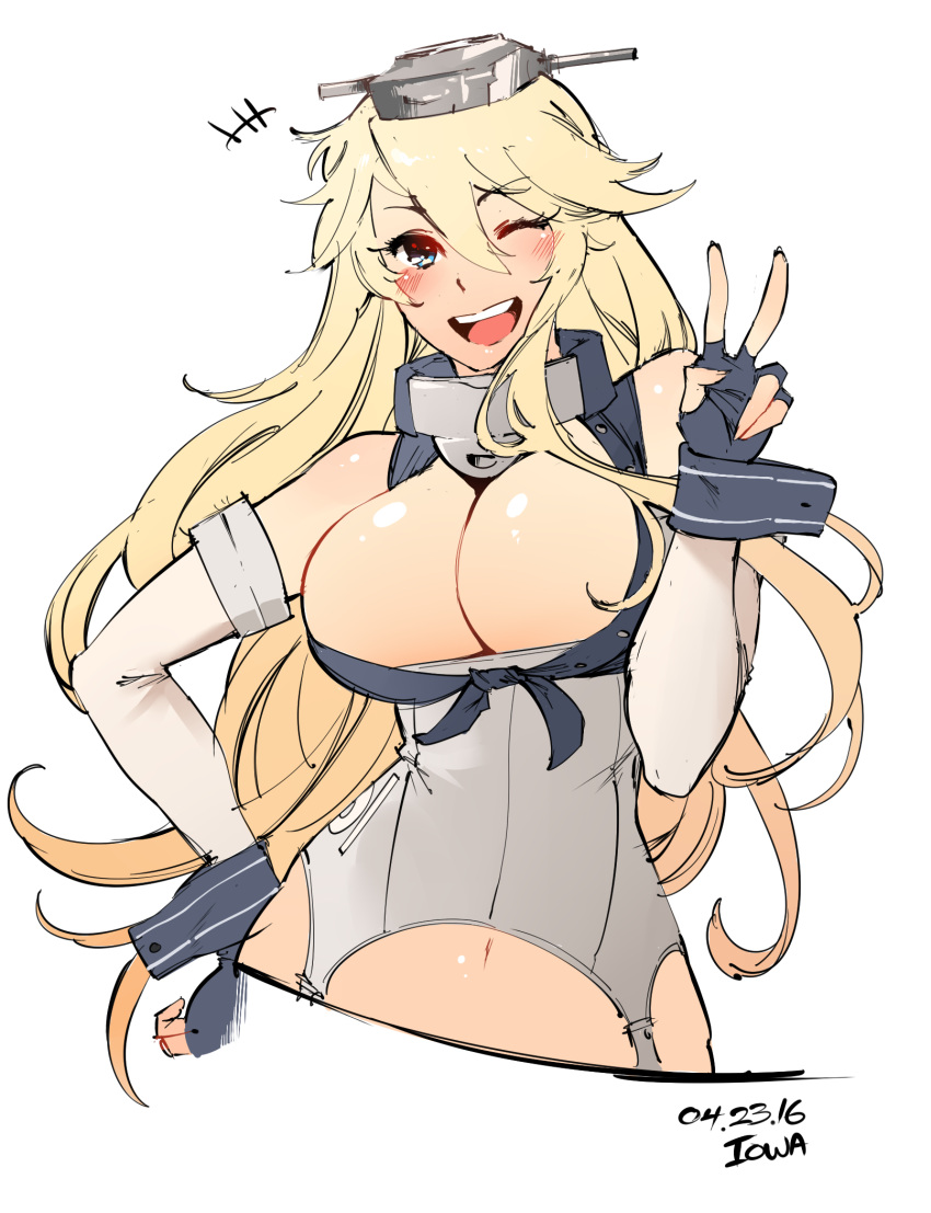 1girl, ;d, blonde_hair, blue_eyes, blush, breasts, cleavage, elbow_gloves