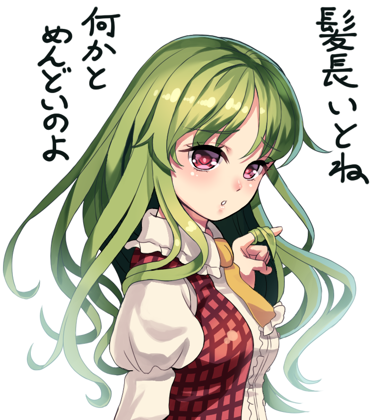 1girl, :o, alternate_hairstyle, blush, center_frills, collar, douji, doujinshi, eyebrows, eyebrows_visible_through_hair, frilled_collar, frills, from_side, green_hair, hair_twirling, hand_in_hair, kazami_yuuka, long_hair, looking_at_viewer, looking_to_the_side, necktie, open_clothes, open_vest, parted_lips, plaid, plaid_vest, red_eyes, red_vest, shirt, solo, tareme, text, touhou, translation_request, upper_body, vest, white_shirt, yellow_necktie