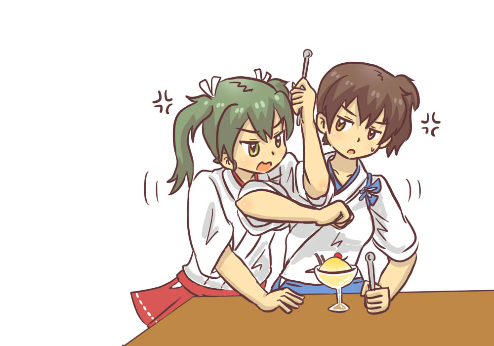 >_<, 2girls, anger_vein, batkangaroo, brown_eyes, brown_hair, closed_eyes, food