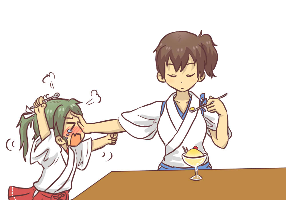 >_<, 2girls, angry, batkangaroo, blush, brown_hair, closed_eyes, food