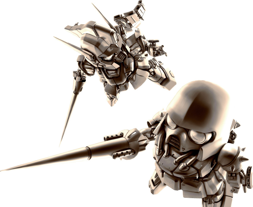 chibi, den'an_zon, den'an_zon, grayscale, gundam, gundam_f91, highres, kou_(mechalog), lance, mecha, polearm, sd_gundam, sepia, weapon