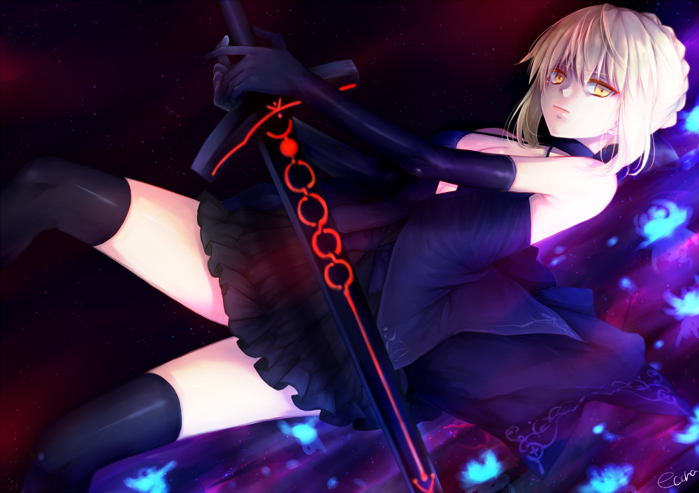 1girl, aina, artist_name, bare_shoulders, black_gloves, black_legwear, blonde_hair, blue_dress