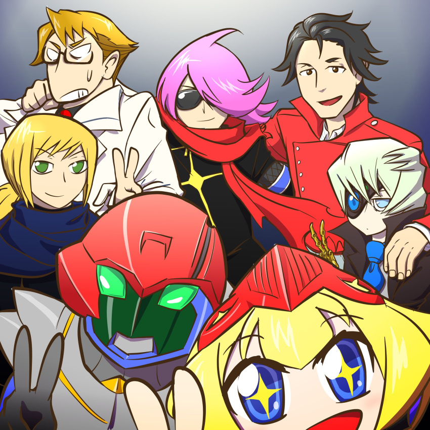 black_hair, blonde_hair, blue_eyes, concrete_revolutio, earth-chan, highres, hitoyoshi_jirou, jacket