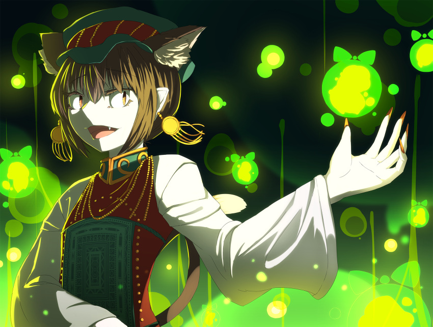 1girl, adapted_costume, animal_ears, bangs, beads, bow, brown_eyes, brown_hair