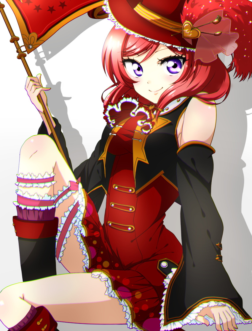 1girl, detached_sleeves, dress, flag, highres, holding, long_hair, love_live!_school_idol_project, nishikino_maki, red_dress, redhead, seki_(d_abce), smile, solo, violet_eyes