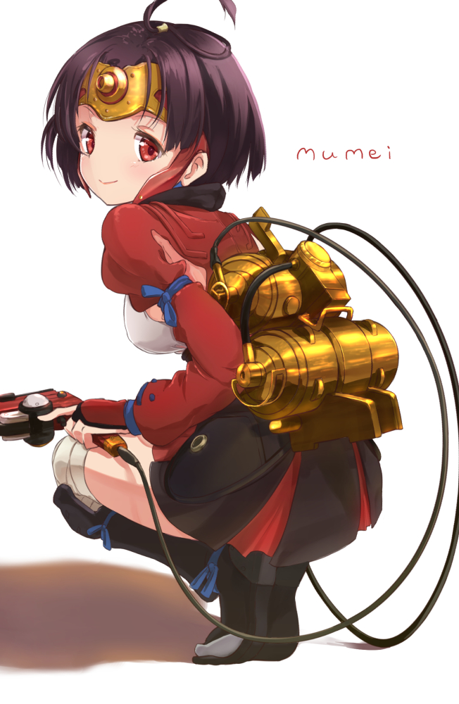 1girl, armor, back, bandages, bangs, black_hair, blue_ribbon, breasts