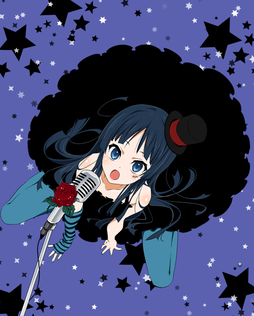 1girl, akiyama_mio, bad_id, blue_eyes, blue_hair, blue_legwear, don't_say_"lazy", don't_say_lazy, dress, face_paint, facepaint, fingerless_gloves, flower, gloves, hat, k-on!, komomo, long_hair, looking_up, microphone, microphone_stand, mini_top_hat, pantyhose, rose, solo, top_hat