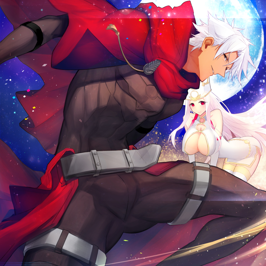 1boy, 1girl, breasts, cape, cleavage, crown, emiya_kiritsugu, fate/grand_order, fate/zero, fate_(series), full_moon, hood, husband_and_wife, irisviel_von_einzbern, legacy_zechs, long_hair, moon, red_eyes, short_hair, white_hair